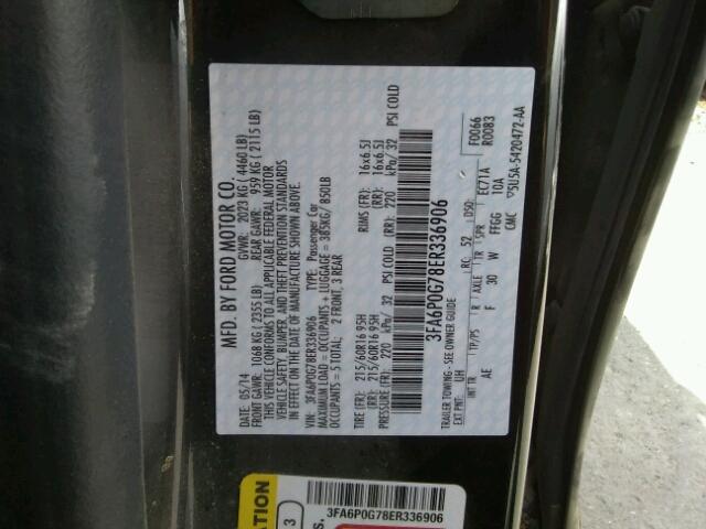 3FA6P0G78ER336906 - 2014 FORD FUSION S BLACK photo 10