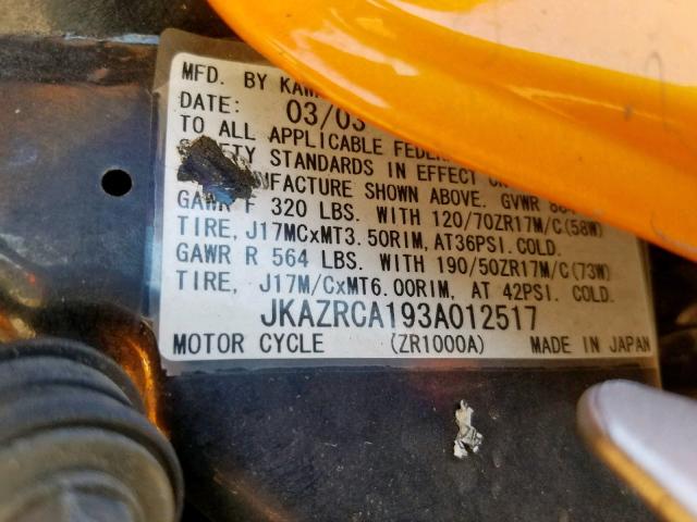 JKAZRCA193A012517 - 2003 KAWASAKI ZR1000 A1 ORANGE photo 10