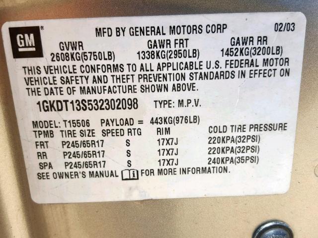 1GKDT13S532302098 - 2003 GMC ENVOY GRAY photo 10