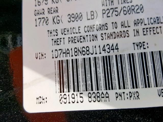 1D7HA18N68J114344 - 2008 DODGE RAM 1500 S BLACK photo 10