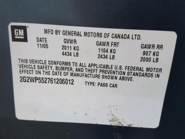 2G2WP552761206012 - 2006 PONTIAC GRAND PRIX ლურჯი ფოტო 10