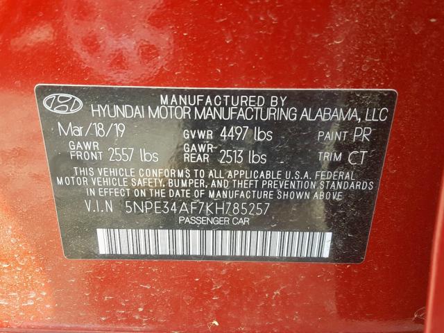 5NPE34AF7KH785257 - 2019 HYUNDAI SONATA LIM RED photo 10