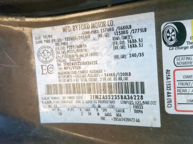 2FMZA55235BA36228 - 2005 FORD FREESTAR S GRAY photo 10