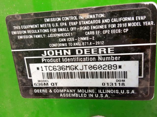 1TC636MGKJT060289 - 2018 JOHN DEERE MOWER GREEN photo 10