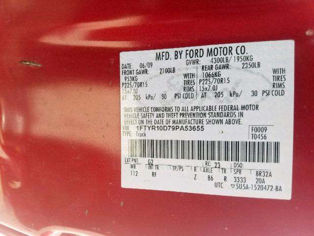 1FTYR10D79PA53655 - 2009 FORD RANGER RED photo 10