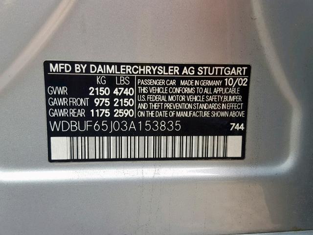 WDBUF65J03A153835 - 2003 MERCEDES-BENZ E 320 SILVER photo 10