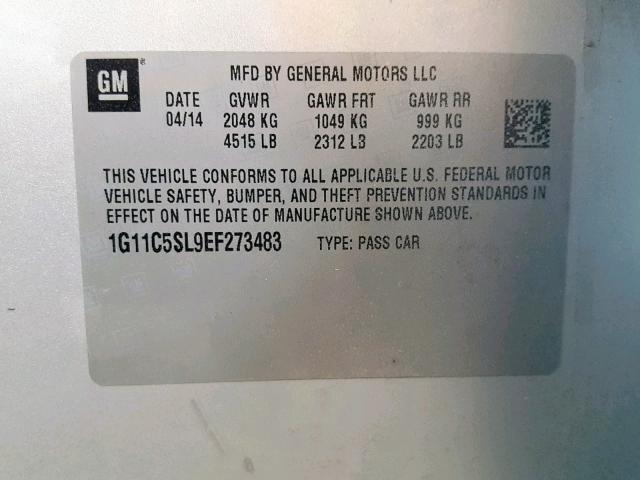 1G11C5SL9EF273483 - 2014 CHEVROLET MALIBU 1LT ვერცხლისფერი ფოტო 10