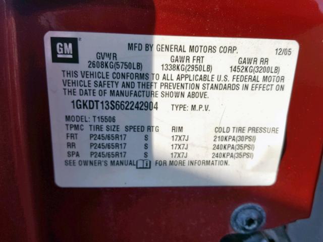 1GKDT13S662242904 - 2006 GMC ENVOY RED photo 10