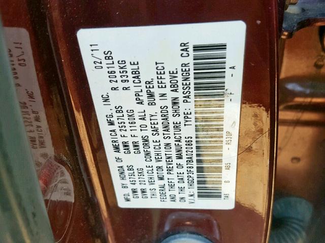 1HGCP3F87BA020865 - 2011 HONDA ACCORD EXL RED photo 10