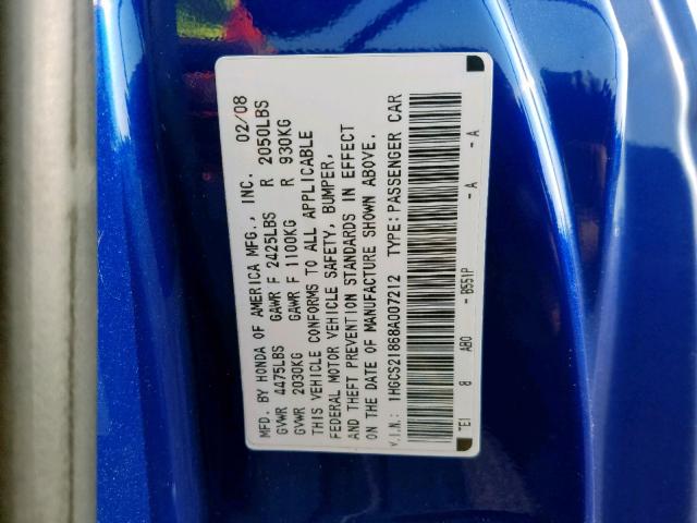 1HGCS21868A007212 - 2008 HONDA ACCORD EXL BLUE photo 10