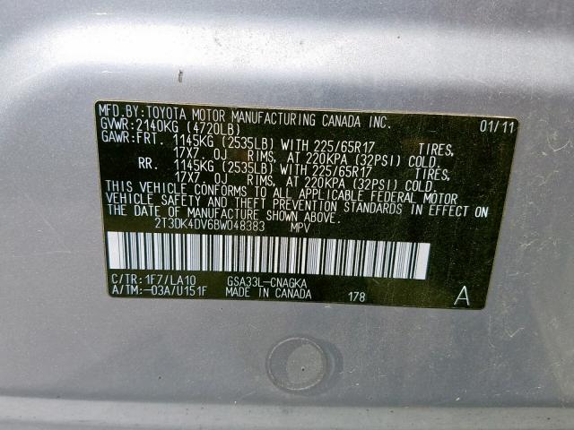 2T3DK4DV6BW048383 - 2011 TOYOTA RAV4 LIMIT SILVER photo 10