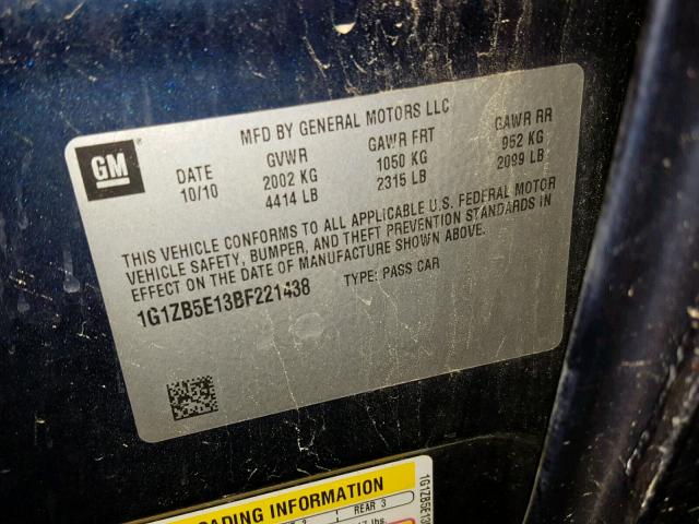 1G1ZB5E13BF221438 - 2011 CHEVROLET MALIBU LS ლურჯი ფოტო 10