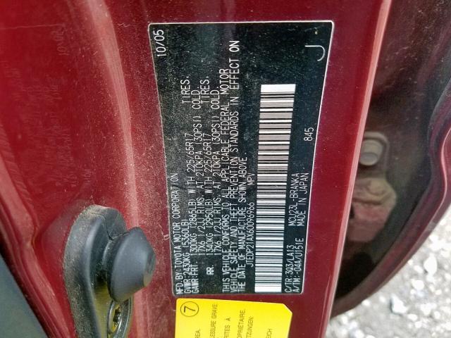 JTEDP21AX60096966 - 2006 TOYOTA HIGHLANDER RED photo 10