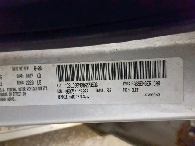 1C3LC66M88N278536 - 2008 CHRYSLER SEBRING LI SILVER photo 10