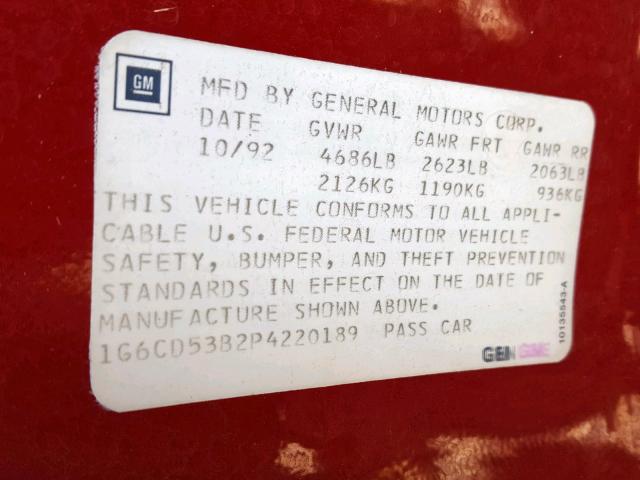 1G6CD53B2P4220189 - 1993 CADILLAC DEVILLE RED photo 10