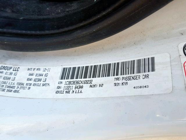 1C3BCBEB6CN169232 - 2012 CHRYSLER 200 TOURIN WHITE photo 10