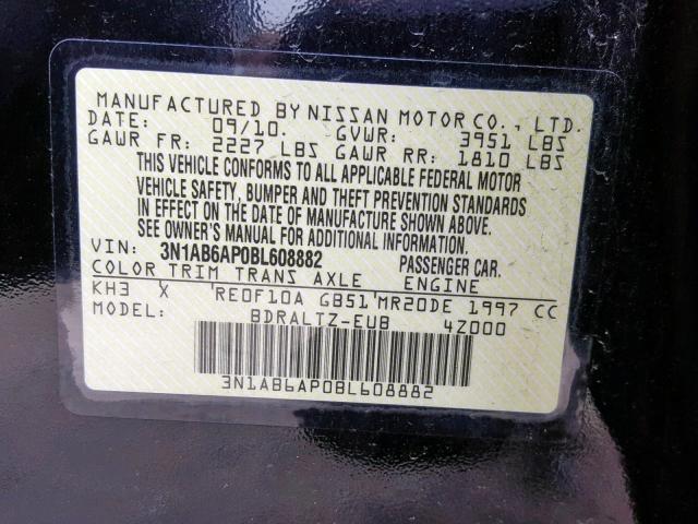 3N1AB6AP0BL608882 - 2011 NISSAN SENTRA 2.0 BLACK photo 10