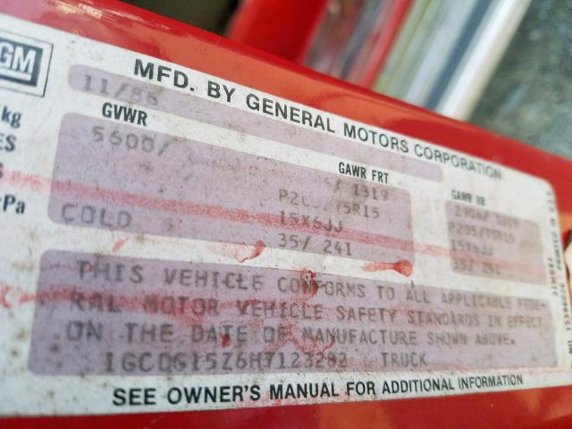 1GCDG15Z6H7123282 - 1987 CHEVROLET G10 RED photo 10