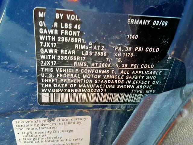 WVGBV75N59W002971 - 2009 VOLKSWAGEN TIGUAN SE BLUE photo 10