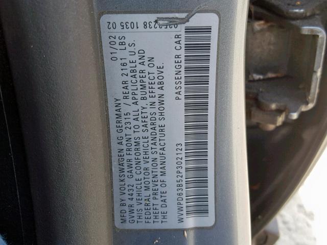 WVWPD63B52P302123 - 2002 VOLKSWAGEN PASSAT GLS SILVER photo 10