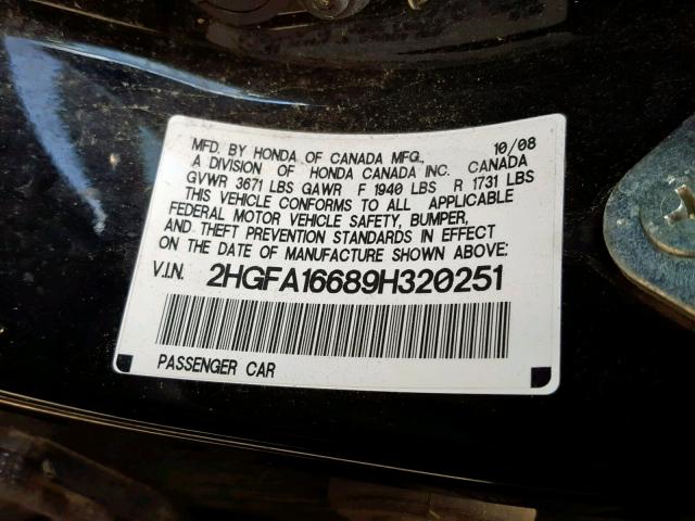 2HGFA16689H320251 - 2009 HONDA CIVIC LX-S Qara foto 10