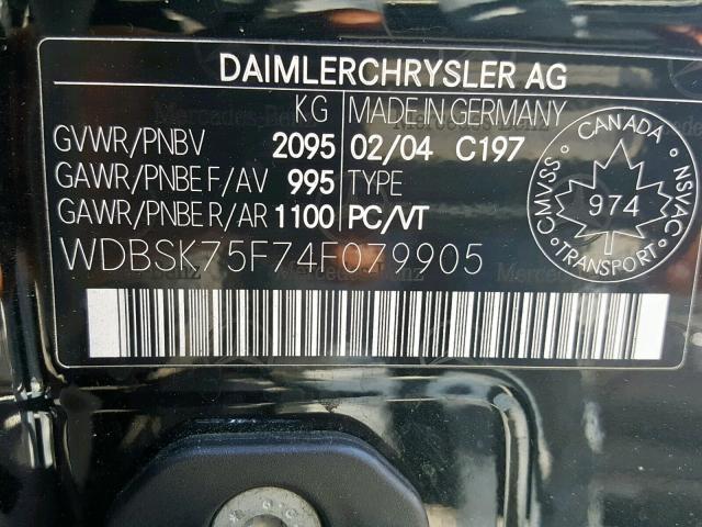 WDBSK75F74F079905 - 2004 MERCEDES-BENZ SL 500 BLACK photo 10