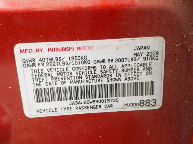 JA3AU86W89U015725 - 2009 MITSUBISHI LANCER GTS RED photo 10