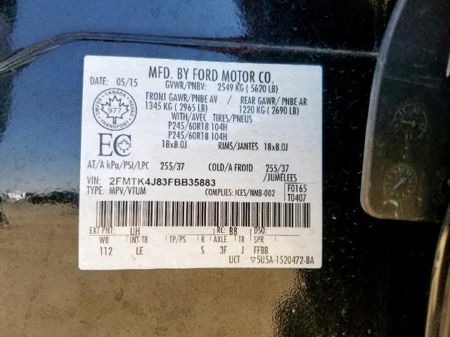 2FMTK4J83FBB35883 - 2015 FORD EDGE SEL BLACK photo 10