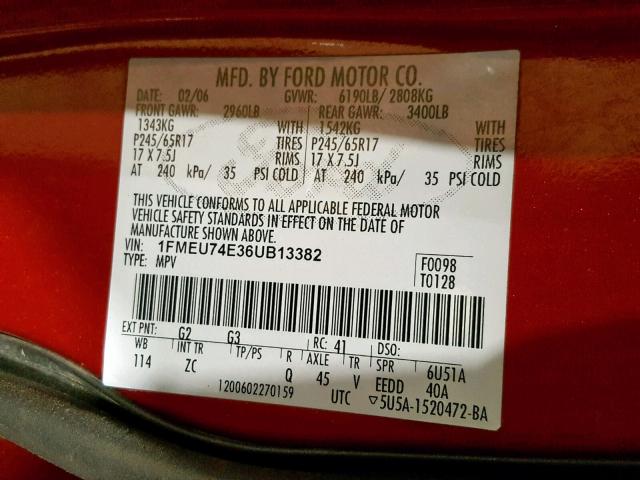 1FMEU74E36UB13382 - 2006 FORD EXPLORER E RED photo 10