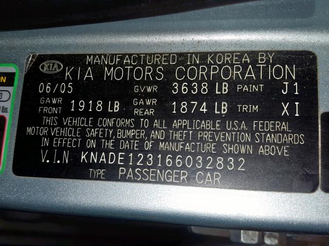 KNADE123166032832 - 2006 KIA RIO BLUE photo 10