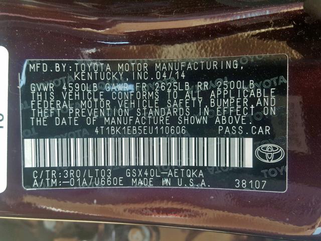 4T1BK1EB5EU110606 - 2014 TOYOTA AVALON BAS BURGUNDY photo 10