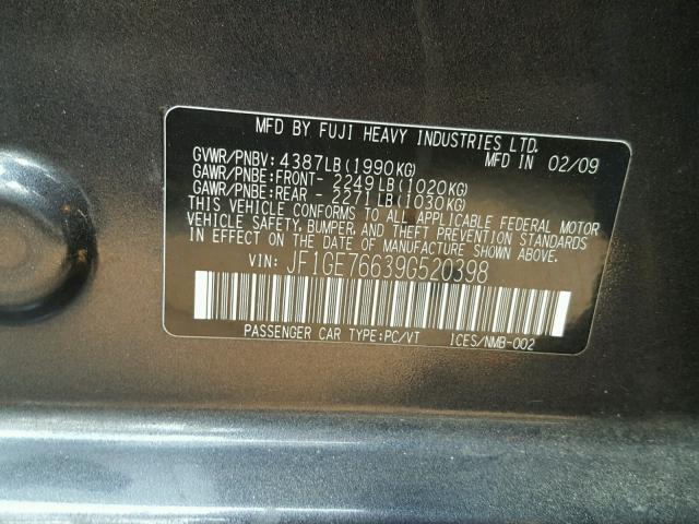 JF1GE76639G520398 - 2009 SUBARU IMPREZA WR GRAY photo 10