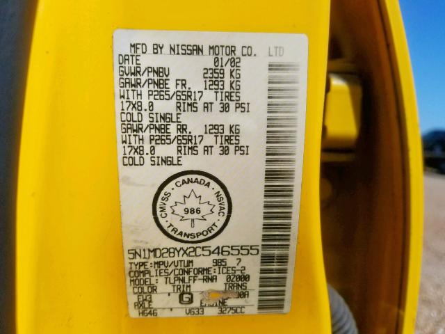 5N1MD28YX2C546555 - 2002 NISSAN XTERRA SE YELLOW photo 10