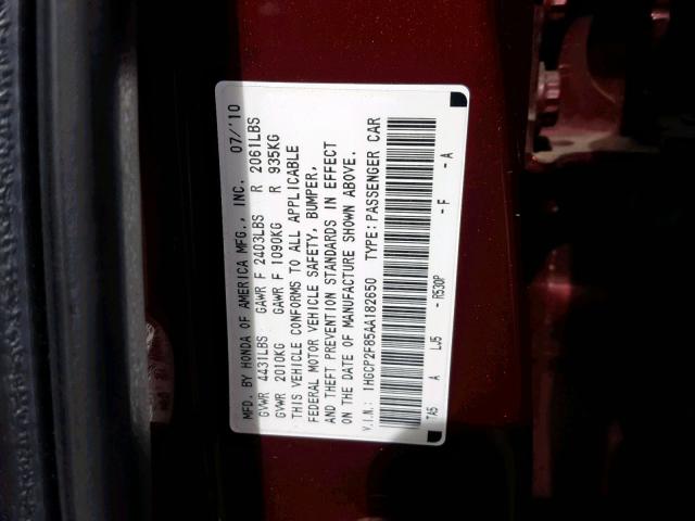 1HGCP2F85AA182650 - 2010 HONDA ACCORD EXL RED photo 10