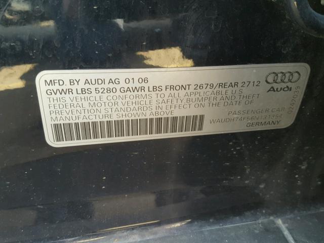 WAUDH74F56N131354 - 2006 AUDI A6 3.2 QUA BLUE photo 10