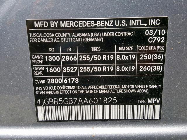 4JGBB5GB7AA601825 - 2010 MERCEDES-BENZ ML 350 GRAY photo 10