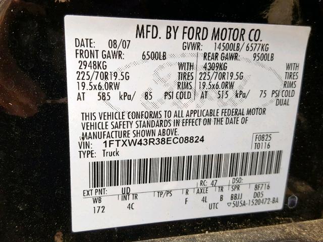 1FTXW43R38EC08824 - 2008 FORD F450 SUPER BLACK photo 10