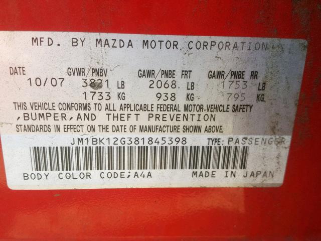 JM1BK12G381845398 - 2008 MAZDA 3 I RED photo 10