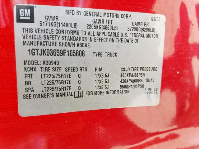 1GTJK93659F105808 - 2009 GMC SIERRA K35 RED photo 10