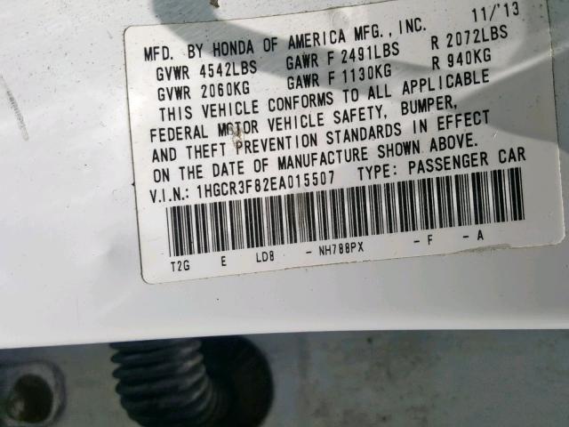 1HGCR3F82EA015507 - 2014 HONDA ACCORD EXL WHITE photo 10