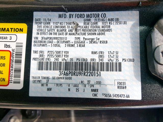 3FA6P0RU9FR220151 - 2015 FORD FUSION TIT GRAY photo 10