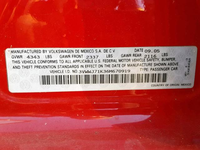 3VWWJ71K36M670919 - 2006 VOLKSWAGEN JETTA GLI RED photo 10