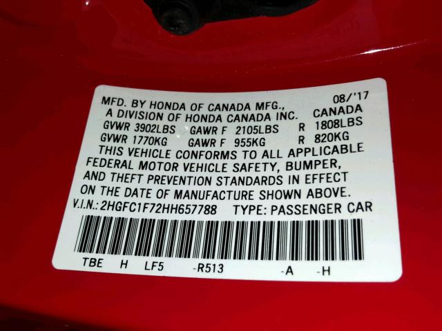 2HGFC1F72HH657788 - 2017 HONDA CIVIC EXL 红色 照片 10
