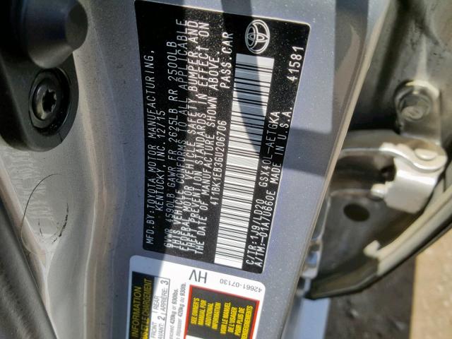 4T1BK1EB3GU206706 - 2016 TOYOTA AVALON XLE SILVER photo 10