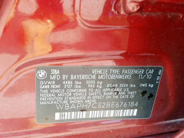 WBAPH7C52BE676184 - 2011 BMW 328 I RED photo 10