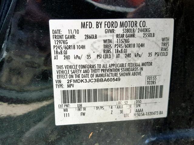 2FMDK3JC3BBA60549 - 2011 FORD EDGE SEL BLACK photo 10