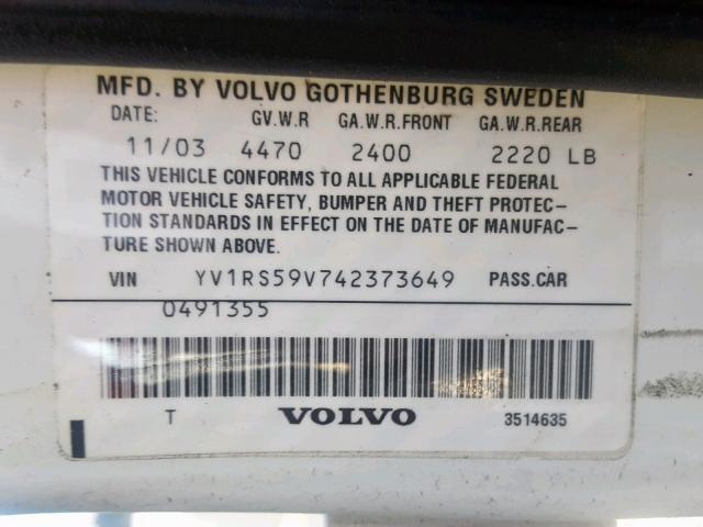 YV1RS59V742373649 - 2004 VOLVO S60 2.5T WHITE photo 10