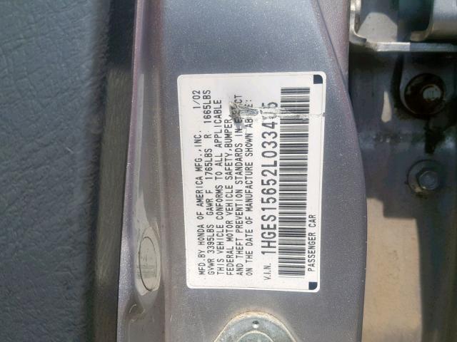 1HGES15652L033405 - 2002 HONDA CIVIC LX SILVER photo 10