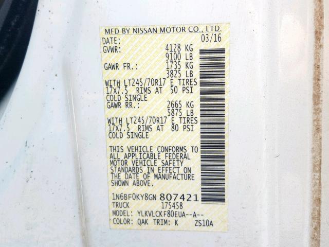 1N6BF0KY8GN807421 - 2016 NISSAN NV 1500 S WHITE photo 10