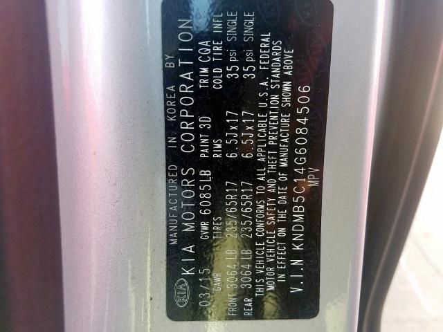 KNDMB5C14G6084506 - 2016 KIA SEDONA LX GRAY photo 10